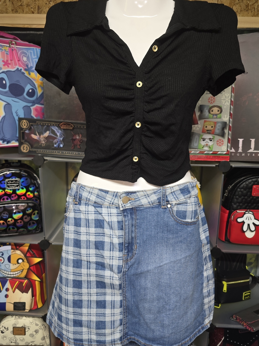 Black Ribbed Button Crop Top with Blue Patchwork Denim Mini Skirt